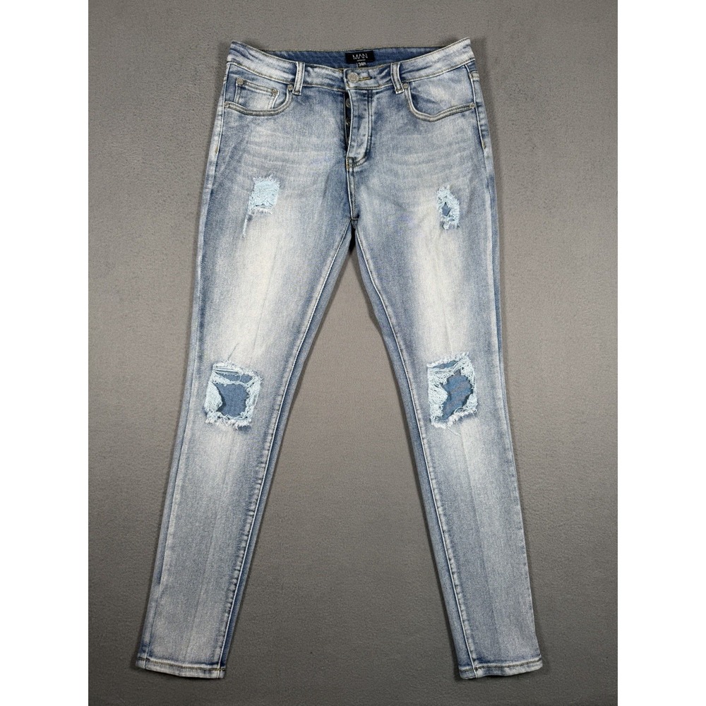 boohooMAN Mens Ripped Distressed Skinny Denim Jeans Light Wash Blue 34x32